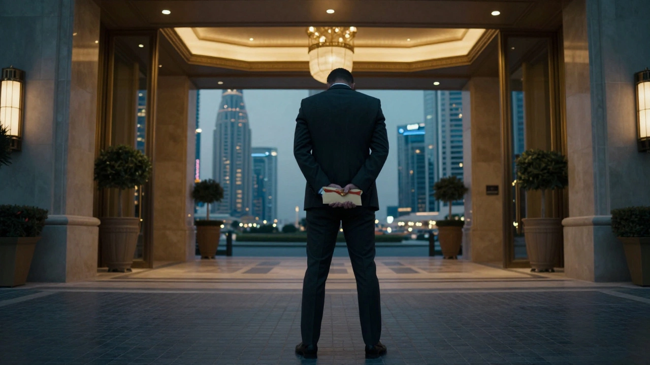 A lone figure at a Dubai hotel entrance holding an envelope, city lights glowing behind in dusk.