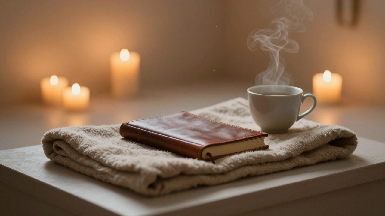 An empty candlelit room with a folded blanket and teacup, radiating stillness and introspection.